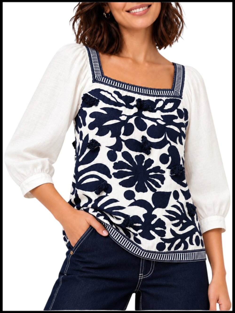 Anthropologie Maeve Liyah Blouse Navy Blue White Embroidered Square Neck S 6